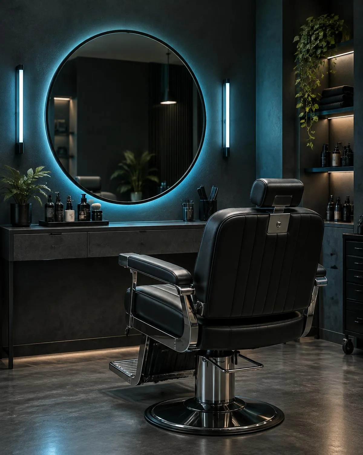 Leerer Barber-Arbeitsplatz mit rundem Spiegel